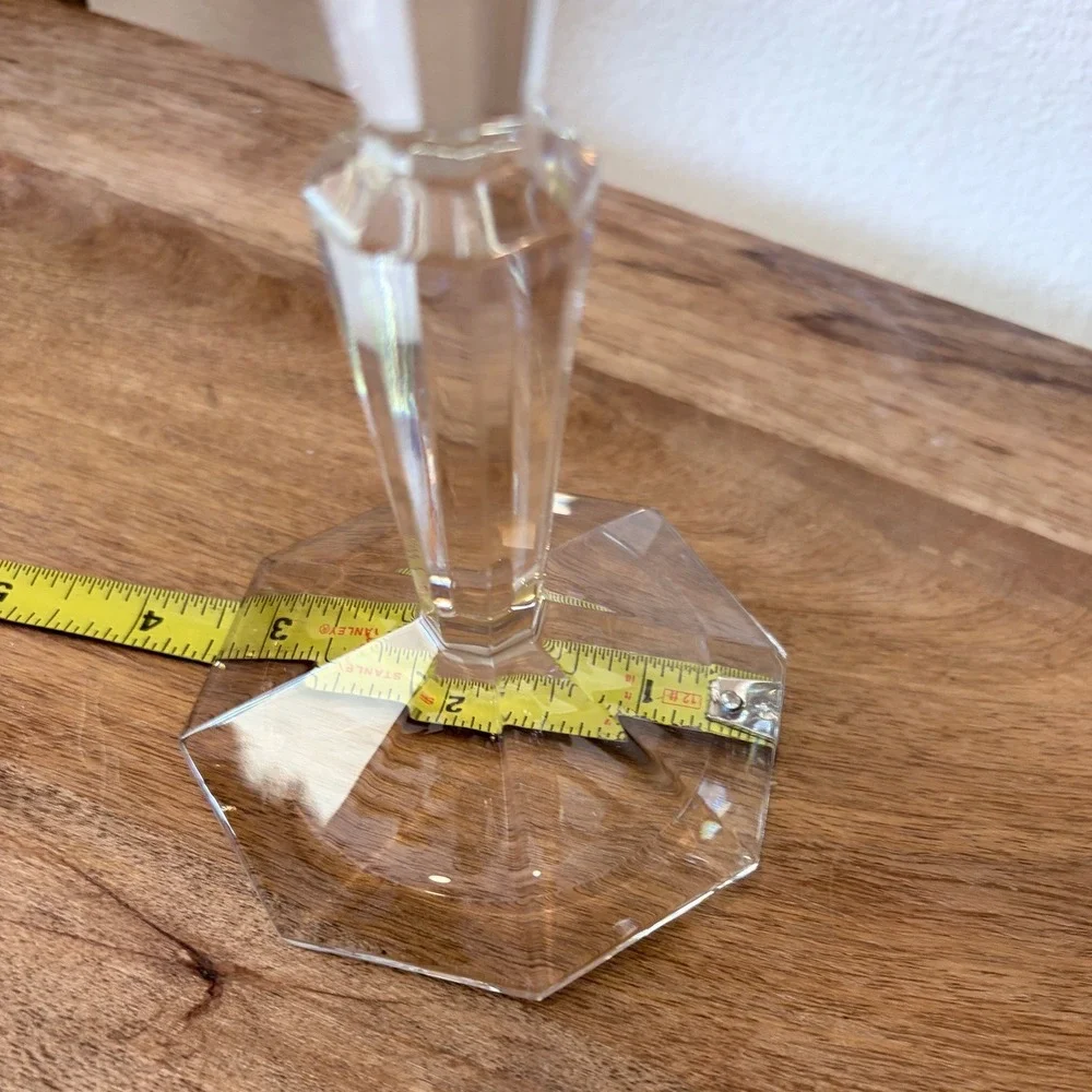 Art Deco Crystal Glass Taper Candle Holder Tiered Geometric Hexagon Base 9.5 in
